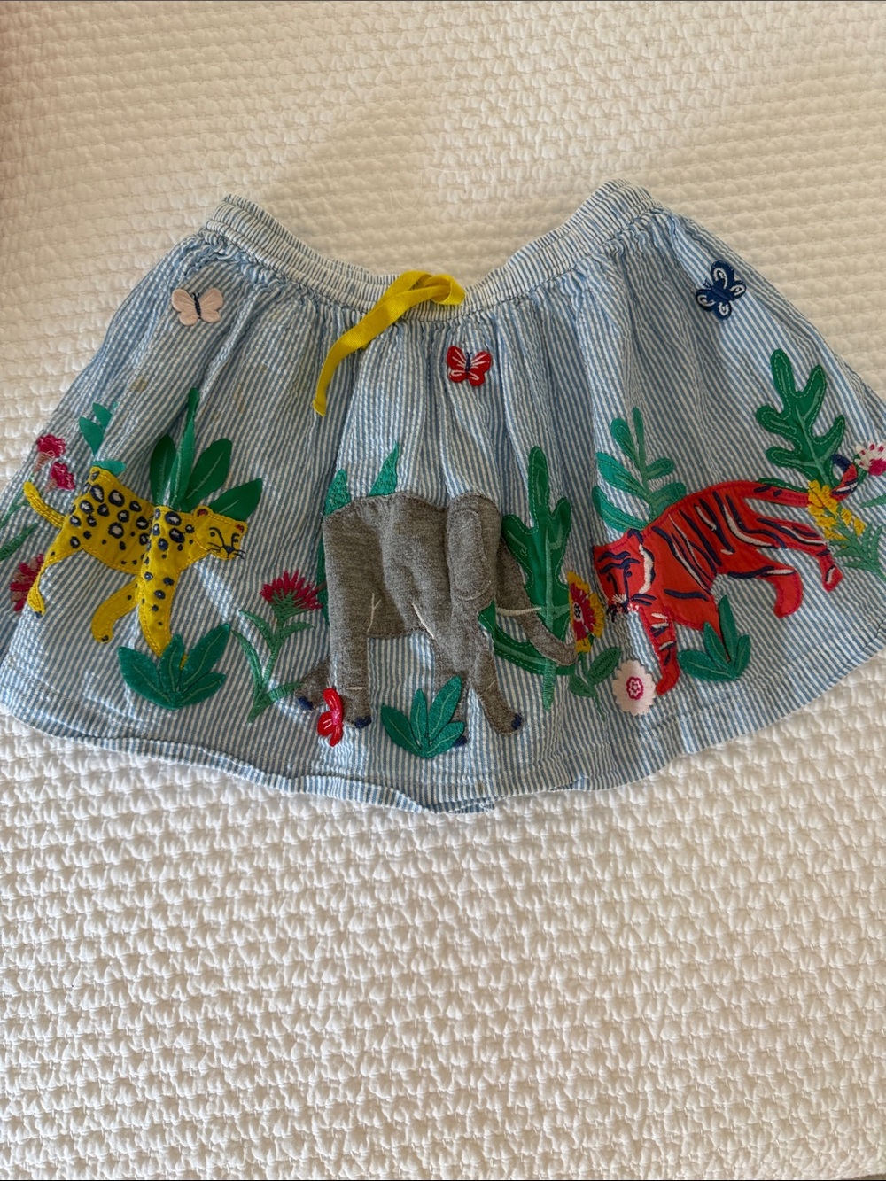 Mini Boden Blue and Yellow Jungle Animal Embroidered Skirt
